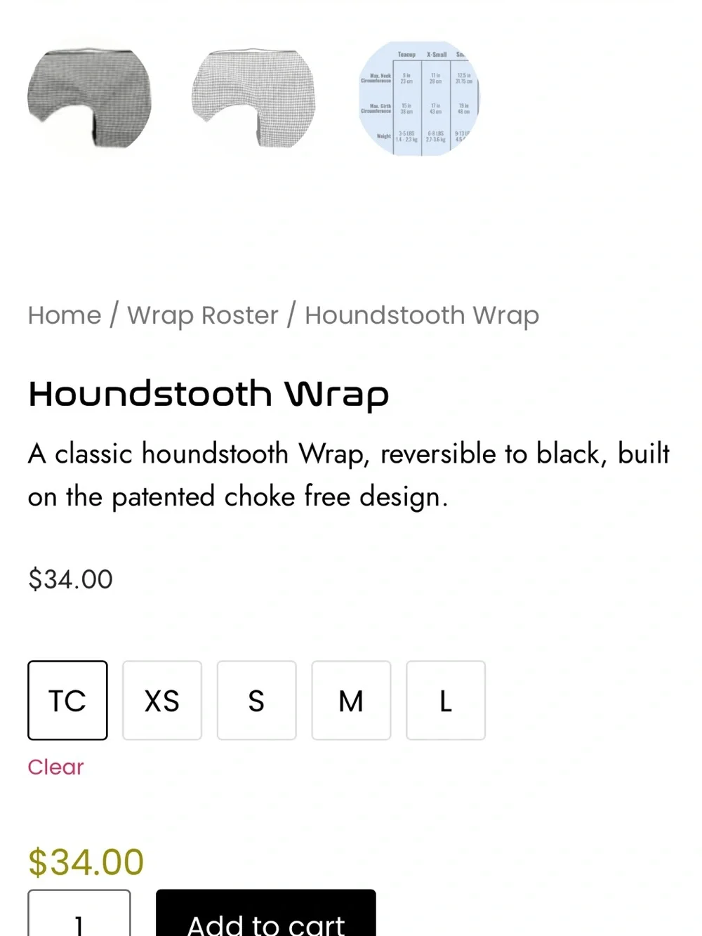 YAP reversible Houndstooth Dog Harness for teacup dogs. Brand new